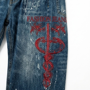 Pantalon en jean pour homme style américain, orné de strass, motif graphique tie-dye, coupe droite ample, style urbain - Product Image 6