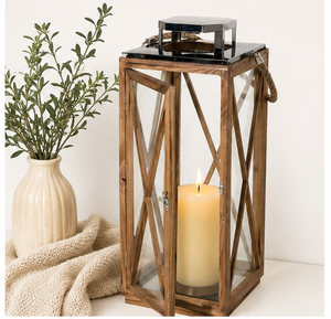 Rustic Farmhouse Wooden <b>Candle</b> <b>Lantern</b> with Criss-cross Glass Panes <b>Large</b> Hurricane <b>Lantern</b> for Indoor Outdoor Home Decor - Product Image 2