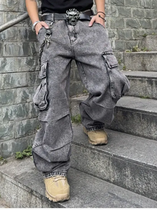 Pantalon cargo en denim délavé pour homme, taille haute, coupe ample, style streetwear, pour l'automne, en coton mi-lourd, couleur unie - Product Image 3