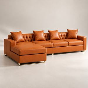 Sofá Seccional en Forma de L de Cuero Genuino Contemporáneo con Respaldo Acolchado, Brazos Acolchados y Patas de Metal para Sala de Estar - Product Image 1