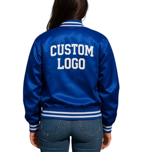 Blouson universitaire en satin bleu pour femme, col côtelé, fermeture boutonnée, couleur unie, logo sur la manche, style décontracté, coupe courte 2026 - Product Image 4