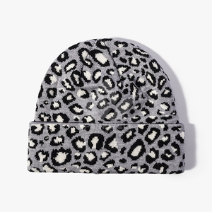 Bonnet en tricot jacquard à imprimé léopard unisexe pour adulte, chapeau d'hiver décontracté 56-58CM, motif gris, noir et blanc - Product Image 1