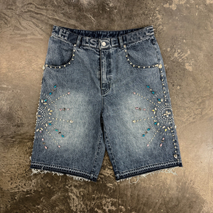 Pantalones Cortos Casuales de Hombre Estilo Urbano con Diseño de Lavado Ácido Personalizado, Pierna Recta Holgada y Elástico en la Cintura Media - Product Image 1
