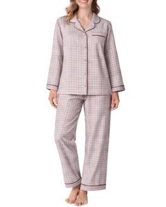 <b>Light</b> Grey Pink Check Women Pajama Set Long Sleeve Button Down Nightwear Soft Cotton Two Piece Sleepwear Comfortable <b>Lounge</b> Set - Product Image 1