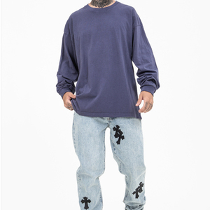 T-shirt Homme Manches Longues Effet Vieilli Coupe Boxy Délavé à l'Acide 100% Coton Col Montant Manches Longues - Product Image 2