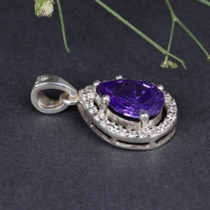 Collier Pendentif Fin en Argent Sterling avec Améthyste Poire et Zircon Cubique Halo, Nouveau Design Tendance pour Femme - Product Image 3