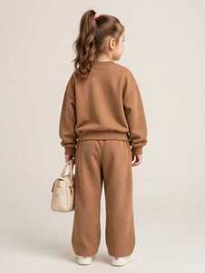 Ensemble de survêtement en coton marron pour filles, manches longues, col rond, coupe ample, couleur unie, pantalon de jogging avec poches latérales, tenue décontractée d'automne - Product Image 2