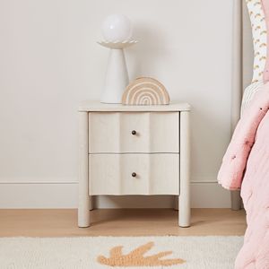 Teak Wood Nightstand Sculptural 3D Wave <b>Double</b> Drawer Bedside Table with Bronze Knobs - Product Image 1