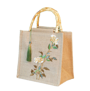 Sac fourre-tout en jute personnalisé avec logo pour femme, style bohème, poignée en bambou, broderie florale, sac de plage et de shopping, 24 cm, sac cadeau OEM - Product Image 1