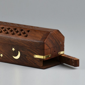 Hand-Carved Wooden Incense Box Sun Moon & Stars Brass Inlay Holder With Ash Catcher Shisham Wood Spiritual Arabic Home Decor - Product Image 5