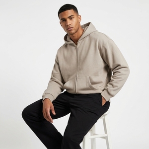 Unisex Beige Full <b>Zip</b> <b>Hoodie</b> Casual Loose Fit <b>Zip</b>-Up Sweatshirt with Kangaroo <b>Pocket</b> Solid Fleece Knitted Winter Embroidered - Product Image 1