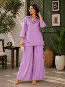 Ensemble indien pakistanais en viscose brodée pour femmes, haut et pantalon deux pièces, col en V, tenue décontractée d'été - Product Image 2