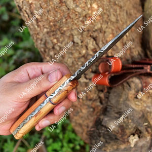 Cuchillo Táctico EDC Skinner de Acero Forjado de Damasco con Espiga Completa y Punta Caída para Caza y Camping al Aire Libre, Mango de Madera de Olivo, Cuero, DIY, ODM - Product Image 6