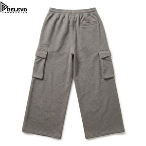 OEM <b>Men</b> Heather <b>Grey</b> Fleece <b>Cargo</b> Pants, Wholesale Heavyweight Cotton Terry Open Bottom Straight Leg Sweatpants Loose Fit - Product Image 2