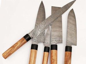 Juego de 5 Cuchillos de Cocina de Acero de Damasco Hechos a Mano, con Hoja Recta y Punta Caída, Grado Industrial, Mangos de Madera, OEM/ODM/OBM - Product Image 5