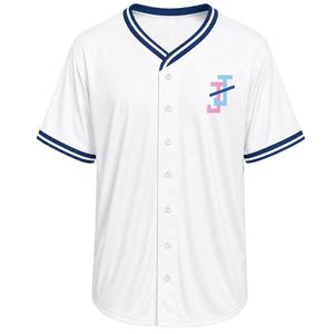 <b>White</b> Women's Baseball Jersey, Short Sleeves <b>Button</b> Front V-Neck Top with Navy-Trim and Embroidered for Team Sports Casual - Product Image 1