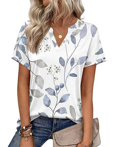 Women V-Neck Short Sleeve Floral Print T-Shirt Loose Fit Casual Summer Top White Blue Leaves <b>Pattern</b> <b>Knitted</b> Cotton - Product Image 1