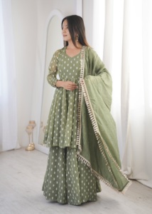 Women Ethnic Wear Heavy Crunchy Silk Jacquard Butti Kurti With Palazzo And Lace Border Dupatta Set Ready To Wear Festive Outfit - Product Image 4