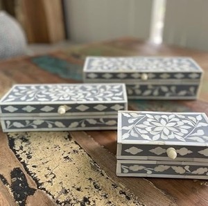 Rectangular Bone Inlay <b>Storage</b> Boxes Set Floral Inlay Design Oriental Style Jewelry Box Decorative Keepsake Organizer Bedroom - Product Image 1