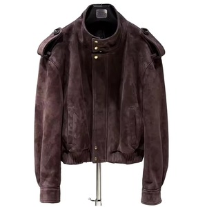 Chaqueta Bomber de Ante Marrón con Cuello Alto, Manga Larga, Botones y Epaulettes, Estilo Otoñal para Mujer - Product Image 5