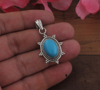 Pendentif en argent naturel SHREE JAIPUR SILVER avec pierre précieuse turquoise, halo perlé vintage, plaqué argent, breloque de créateur, bijoux fins en gros