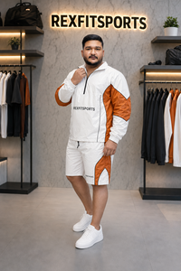 Ensemble de survêtement REXFIT SPORTS 2026 blanc et orange en nylon froissé, veste coupe-vent à demi-zip et short à empiècements - Product Image 3