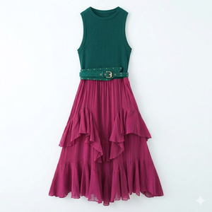 Vestido Midi Vintage de Mujer KAR&OT con Cintura Imperio, Tejido en Capas, con Cinturón y Detalles Decorativos, Primavera/Verano 2026, Nueva Llegada 5029110 - Product Image 6