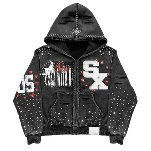 Sudadera con capucha de algodón de 420 g/m² de alto gramaje con cremallera, estilo holgado, con pedrería de diamantes, para hombre - Product Image 3