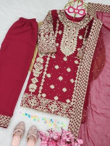 Kids Maroon Pakistani Salwar Kameez Girls Eid Party Wedding Wear Heavy Embroidered 3Pc Modern Stretchable Designer Suit Dupatta - Product Image 4
