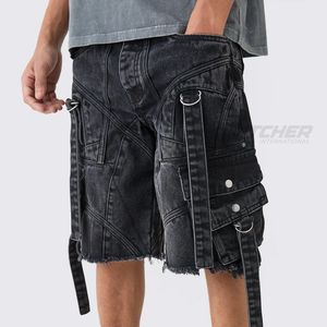 Shorts en jean foncé coupe droite pour homme avec patch personnalisé - Écologique, respirant, streetwear d'été, mode décontractée - Product Image 5