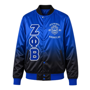 Zeta Phi Beta Black Faded <b>Bomber</b> <b>Jacket</b> <b>Women</b> Royal Blue Ombre Satin Chenille Greek Letters Embroidered Crest No Back Logo - Product Image 3