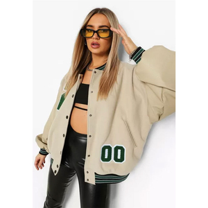 Chaqueta universitaria beige extragrande personalizada con el número 00, ropa exterior bordada tipo letterman, proveedor mayorista directo, fabricación a granel - Product Image 1