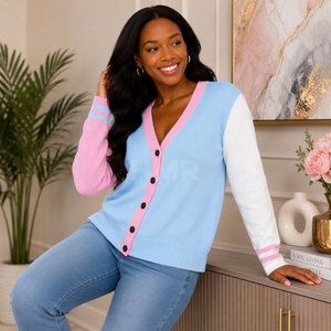 HMR Sisterhood Sorority Cardigan en acrylique rose et bleu ciel tricoté à col en V, manches longues, haut décontracté avec fermeture boutonnée - Product Image 3