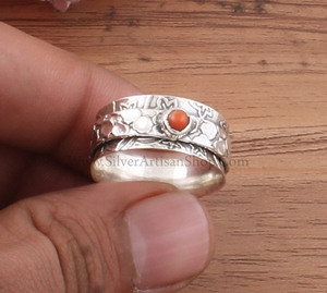 Anillo Giratorio de Plata de Ley 925 con Coral Rojo Natural para la Ansiedad, Anillo Boho Fidget para Mujer, Joyería Étnica de Meditación - Product Image 2