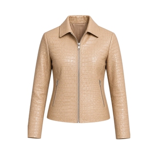 Beige Crocodile Embossed Leather <b>Jacket</b>, Women’s Zip Up Casual <b>Biker</b> <b>Jacket</b>, Luxury Short Leather Coat, Chic Streetwear - Product Image 1