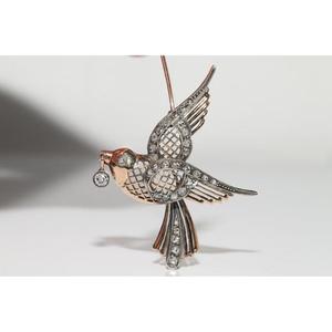 Broche oiseau antique faite à la main en or 14 carats et argent, sertie de diamants de laboratoire et de moissanite en argent 925, pour femme - Product Image 1
