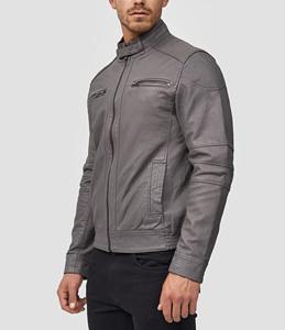 Vestes en cuir de vache véritable personnalisées pour hommes, pour l'automne et l'hiver, confortables, en cuir gris avec fermeture éclair pour hommes - Product Image 5