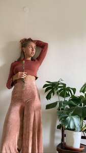 Women's Pink Wide Leg Pants High Waist Elastic Loose Fit Full Length Solid Color Casual Spring Style Knitted Spandex Cotton - Product Image 5