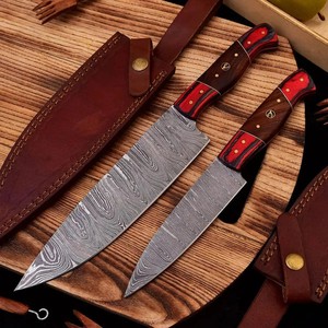 Ensemble de 2 couteaux de chef en acier damas faits à la main, manche ergonomique en bois ambidextre, couteaux de cuisine professionnels durables à lame pleine - Product Image 1
