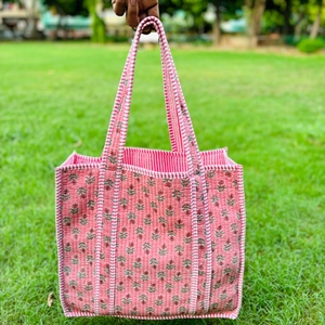 Sac fourre-tout 100 % coton pur à ouverture ouverte, doublure en coton, sac à main matelassé floral, sac fourre-tout fait main, écologique, imprimé au bloc, cadeaux - Product Image 5