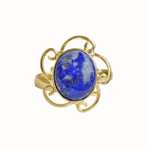 Vintage <b>Gold</b> Plated Brass <b>Cocktail</b> <b>Ring</b> With Natural Oval Lapis Lazuli Bezel Setting Unisex Daily Wear Jewelry - Product Image 1