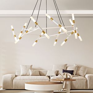 Lampadario Moderno Bianco e Oro da 41 Pollici, Altezza Regolabile, Design a Rami con Tubi Satinati e Cavi Neri - Product Image 4