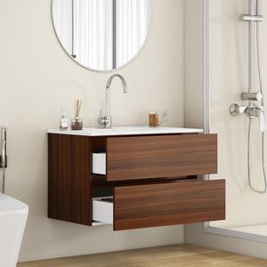Mobile Bagno Sospeso da 32 Pollici con Doppio Cassetto a Chiusura Ammortizzata, Design Senza Maniglie in Legno Massello e Lavabo in Ceramica, Facile Installazione - Product Image 2