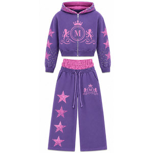 Conjunto Deportivo para Hombre, Color Morado y Rosa con Estampado de Estrellas, Lavado a la Piedra, 100% Algodón, 450 Gsm, Lavado Ácido, Corte Holgado Informal, Ropa de Invierno - Product Image 2