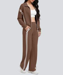 Conjunto de Dos Piezas para Mujer, Sudadera con Cierre y Pantalones Jogger de Pierna Ancha con Diseño de Rayas en Contraste, Ligero, Venta al Por Mayor OEM - Product Image 1