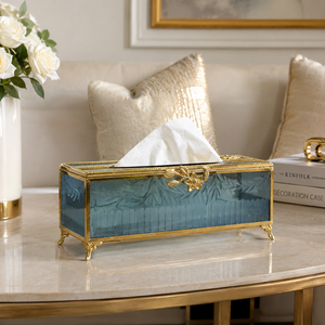 Luxury Blue Glass Tissue <b>Box</b> Holder Decorative <b>Vanity</b> Tissue Case Gold Metal Frame Home Office Hotel Tabletop Organizer Decor - Product Image 2