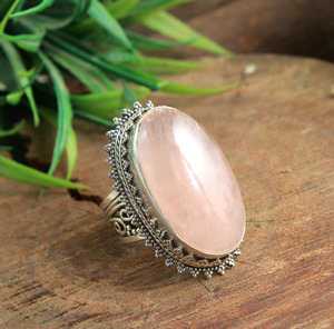 Bague en quartz rose naturel, argent sterling 925, faite à la main, grande bague ovale en quartz rose, style vintage, filigrane, bijoux bohèmes - Product Image 2