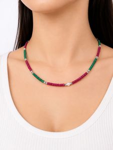 Collier ras du cou en perles de pierres précieuses Ha Gems, rubis et onyx vert |   Bijoux faits à la main pour femmes, cadeau de mariage - Product Image 1