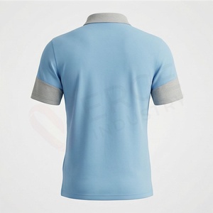 Polo à manches courtes bleu clair pour homme, tricot uni, coupe décontractée, col et poignets gris - Product Image 2