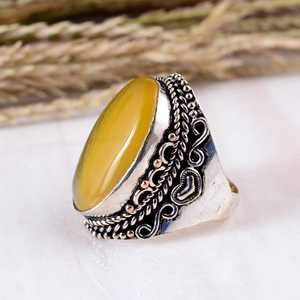 Natural Yellow Chalcedony <b>Ring</b> 925 Sterling <b>Silver</b> Large Oval Bezel <b>Set</b> Cabochon Gemstone Handmade Ornate Filigree Boho Unisex - Product Image 3